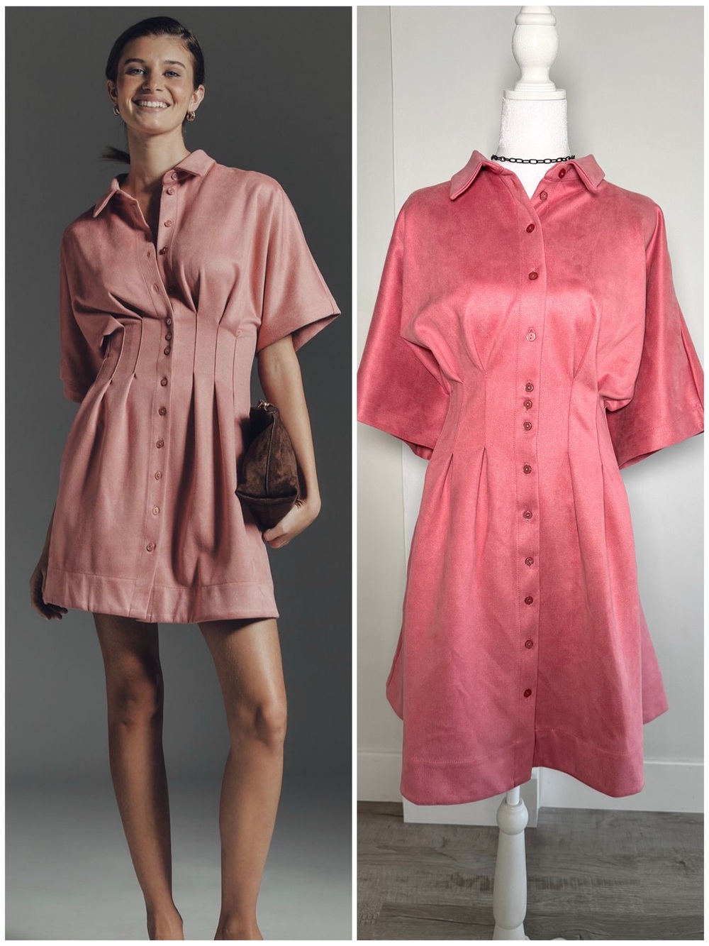 Anthropologie Romantic Barbiecore Tobie Pink Faux Suede Mini Shirt Dress XL NWT